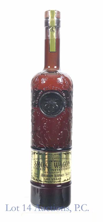 Smoke Wagon Uncut Unfiltered Bourbon Whiskey: **IF YOU NEED SHIPPING ON BOTTLES OR DECANTERS PLEASE CALL US BEFORE BIDDING! 847-625-0555!** Nevada H&C Distilling Co. Smoke Wagon uncut unfiltered straight bourbon whiskey. Barrel strength. Full and