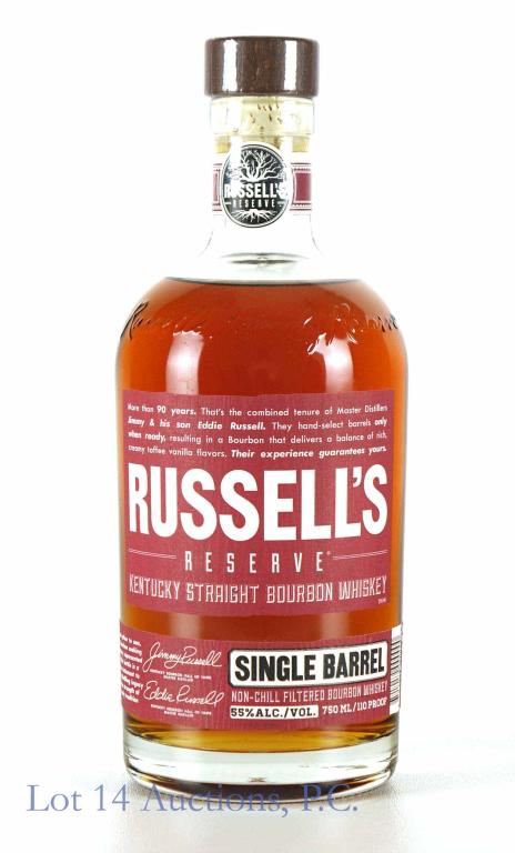 Russell's Reserve St. Bourbon Whiskey: **IF YOU NEED SHIPPING ON BOTTLES OR DECANTERS PLEASE CALL US BEFORE BIDDING! 847-625-0555!** Russell's Reserve St. Bourbon Whiskey. Full and sealed. 55% abv, 750 ml