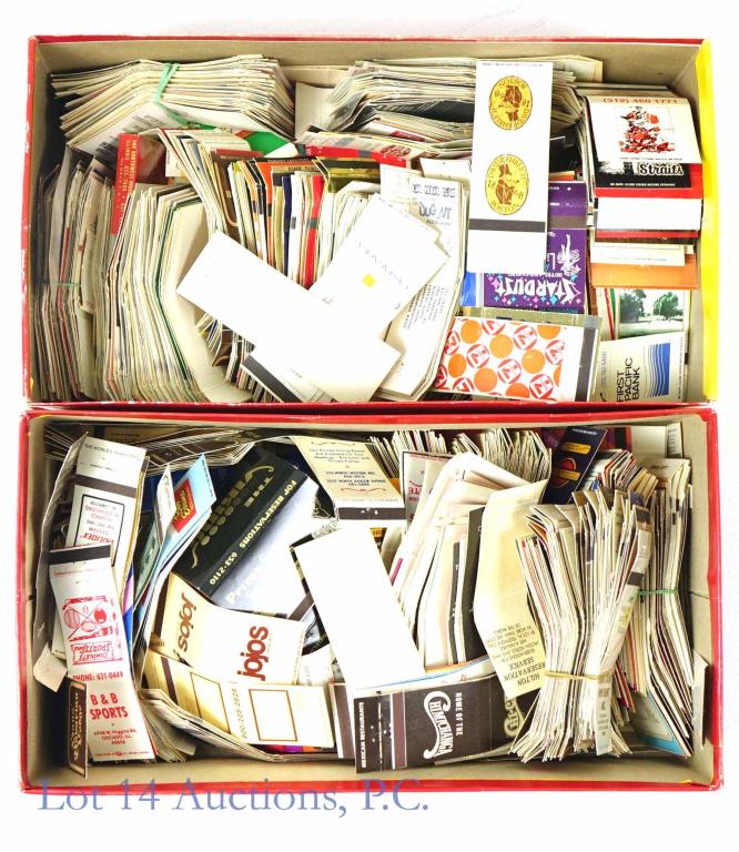 Hundreds of Matchbook Covers: Two full shoe boxes with a variety of vintage matchbox covers. Total Weight with shoe boxes: 5 lbs. 5.7 Oz.