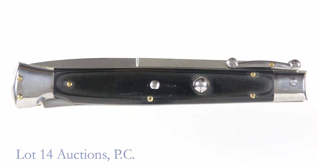 Frank Beltrame Knives 11" Italian Stiletto Knife: Frank Beltrame Knives 11" Italian Stiletto Swinguard Automatic Bayonet Knife Black Micarta Satin Blade. Overall length: 11 "Blade length: 5 "Handle material: Black micartaBolster material: Stainless s