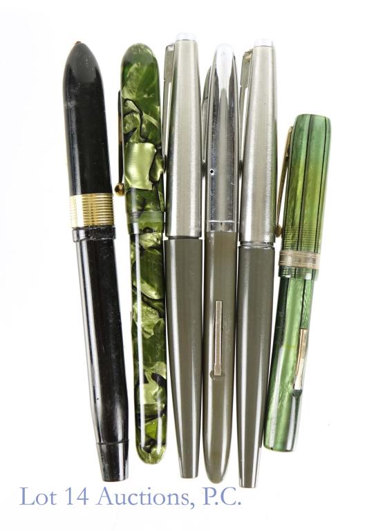 6 Fountain Pens - Parker, Majestic, Etc.: Parker 45 with 14k gold nib; Venus lever fill fountain pen; Majestic lever fill fountain pen; Eclipse Hooded Knight fountain pen; Ambassador with 14k gold Sheaffer nib; Parker 45 FOR PARTS! fountain p