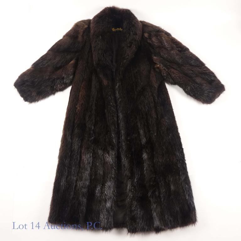 Maximilian Full Length Beaver Fur Coat: Maximilian (at Bloomingdale's) brown beaver fur coat. Monogrammed "IRS" on inside. 21" shoulder to shoulder, 28" long sleeves, 50" long from neck to end of coat. No stains or notable damage.