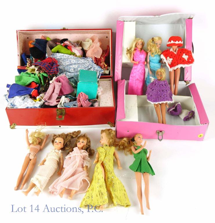 1960s Barbie Dolls Storage, and Clothes: (4) Barbie Dolls marked 1966 (Taiwan or Philippines). in a 1977 Barbie Fashion Doll Trunk (with some damage near edges and corners). 10x13x7". This lot also includes a red metal trunk (16 x 8.25 x 7.5