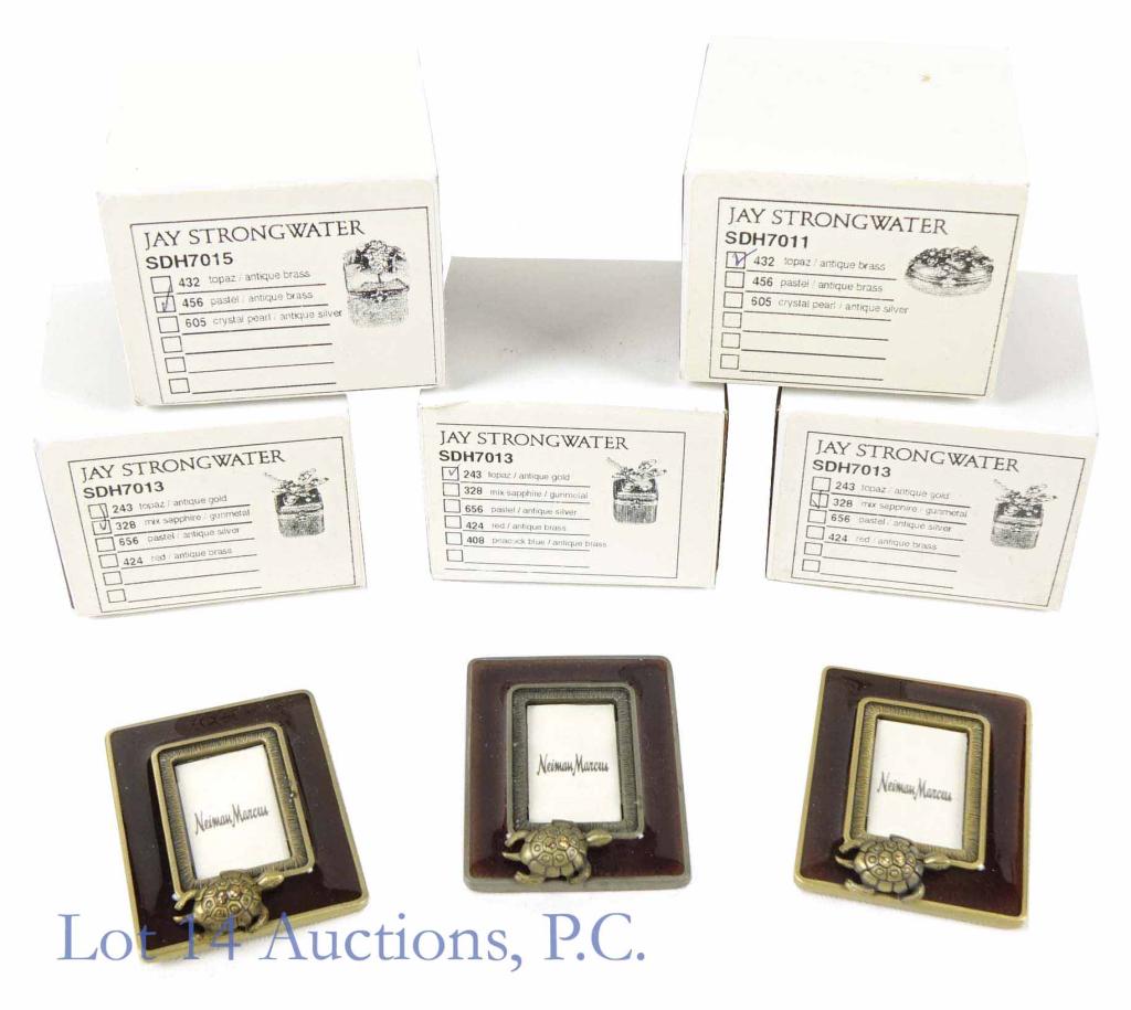 Jay Strongwater Trinket Boxes (5) & Frames (3): (3) Jay Strongwater miniature frames from Neiman Marcus - each with a small turtle at the bottom. App. 1.75 x 2.25" overall size. 2 appear to be brand new, the other has signs of wear. ***** (3) Jay S