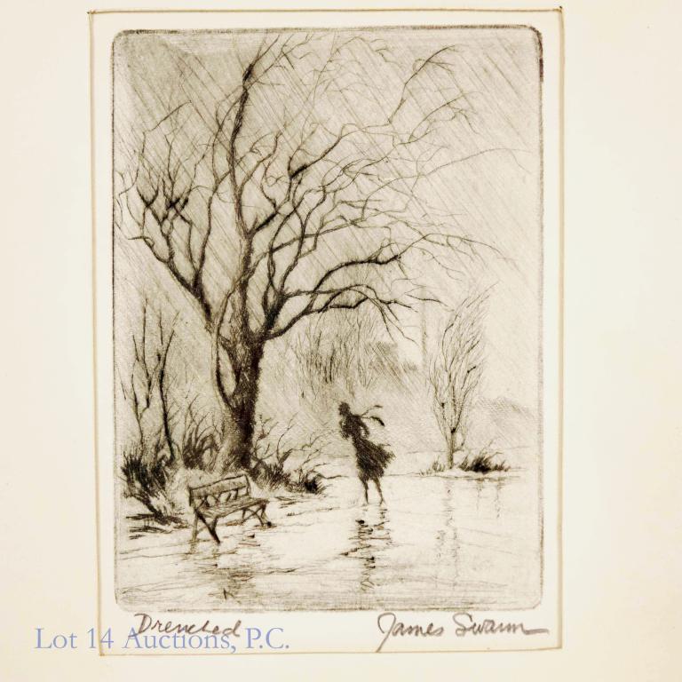 James Swann (1905-85) Etching "Drenched": Etching by artist James Swann entitled "Drenched. Hand signed and titled by the artist. The back of the frame has a sticker explaining etchings from the artist. Based on the phone number, this is like