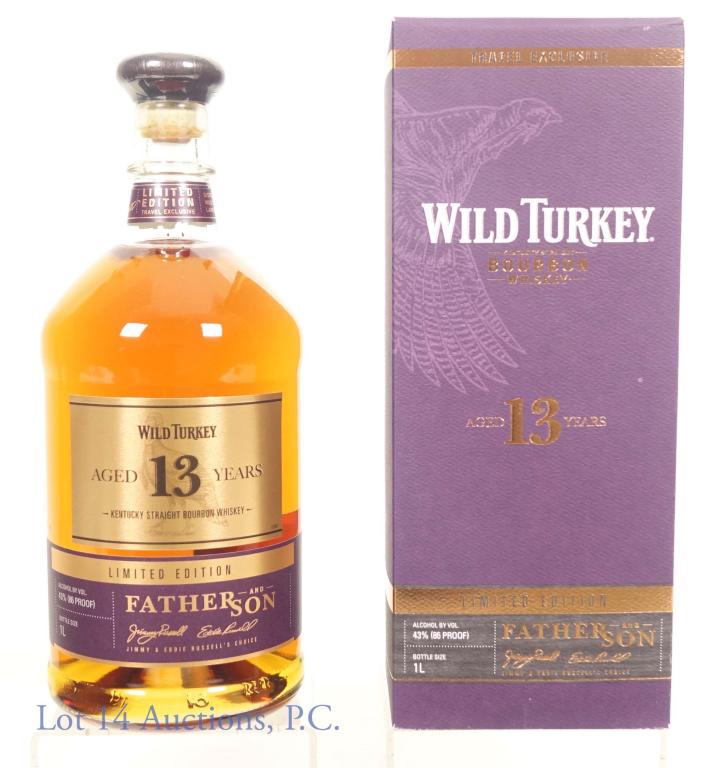 Wild Turkey Father & Son 13 Yr. Bourbon Whiskey: **IF YOU NEED SHIPPING ON BOTTLES OR DECANTERS PLEASE CALL US BEFORE BIDDING! 847-625-0555!** Wild Turkey Travel Exclusive Limited Edition Father and Son 13 year Kentucky straight bourbon. 86 proof. 1