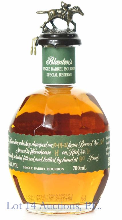Blanton's Green Special Reserve Bourbon - Europe: **IF YOU NEED SHIPPING ON BOTTLES OR DECANTERS PLEASE CALL US BEFORE BIDDING! 847-625-0555!** Blanton's Kentucky single barrel bourbon whiskey. Special Reserve - Green label. 80 proof. 700 ml. Dumped