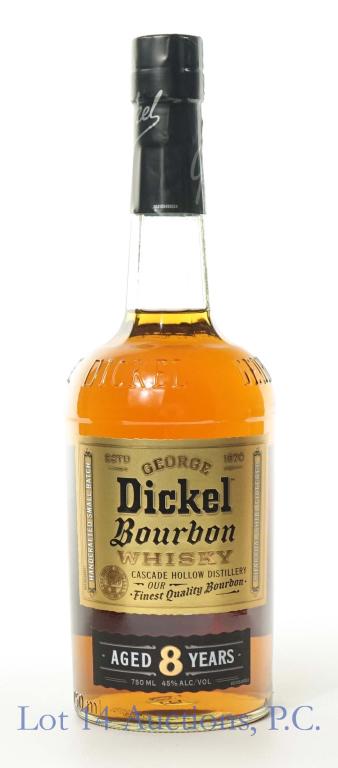 Dickel 8 yr Small Batch Bourbon: *** IF YOU MAY NEED SHIPPING, PLEASE CALL US BEFORE BIDDING ON BOTTLES! 847-625-0555. *** 90 proof, 750 ml., full and sealed.