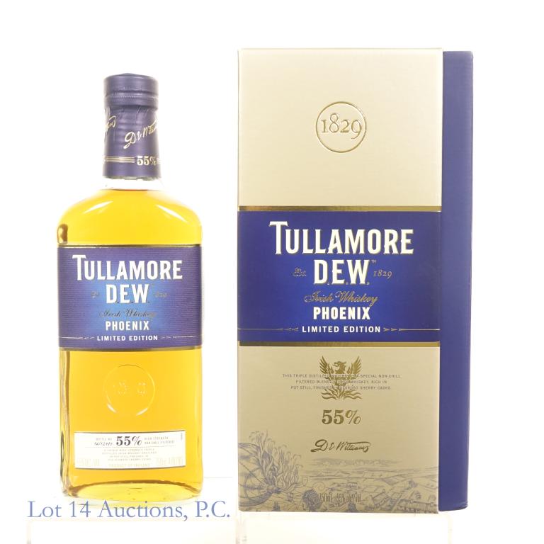 Tullamore Dew Ltd. Ed. Phoenix Whiskey: *** IF YOU MAY NEED SHIPPING, PLEASE CALL US BEFORE BIDDING ON BOTTLES! 847-625-0555. *** Tullamore D.E.W. Ltd. Ed. Phoenix Whiskey. 110 proof, 750 ml., full and sealed, in box. **This lot comes from