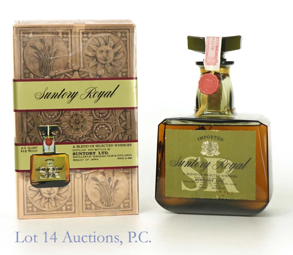 Suntory Royal Whisky w/ Box and Wrap: *** IF YOU MAY NEED SHIPPING, PLEASE CALL US BEFORE BIDDING ON BOTTLES! 847-625-0555. *** Suntory Royal blended whisky, 86.8 proof, 4/5 quart. Full and sealed.