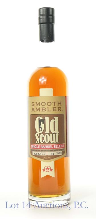 Old Scout 13 yr. Smooth Ambler Whiskey: *** IF YOU MAY NEED SHIPPING, PLEASE CALL US BEFORE BIDDING ON BOTTLES! 847-625-0555. *** 50.3 ABV, 750 ml., full and sealed.