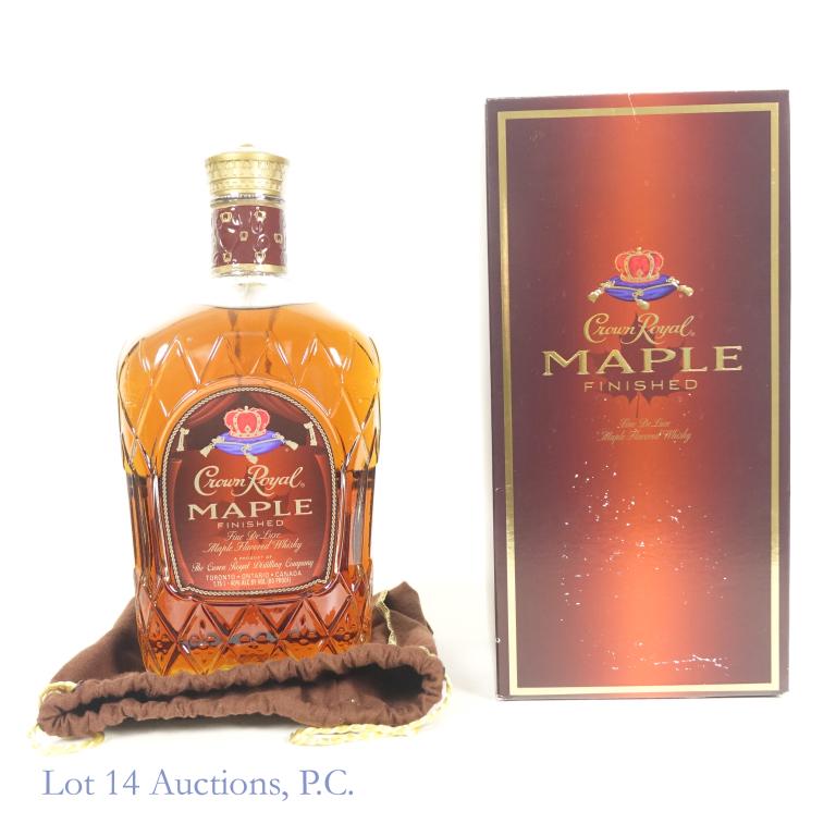 Crown Royal Maple Finished Whisky, 1.75 Liters: IF YOU MAY NEED SHIPPING YOU MUST SPEAK WITH IAN BEFORE BIDDING ON BOTTLES. 1.75 Liters, sealed, in box. Maple flavored whisky 80 proof. Released 2013. Discontinued.