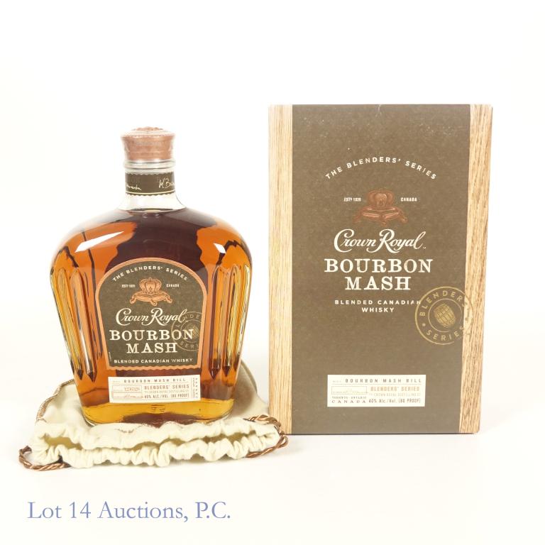 Crown Royal Blenders' Bourbon Mash Whisky: *** IF YOU MAY NEED SHIPPING, PLEASE CALL US BEFORE BIDDING ON BOTTLES! 847-625-0555. *** Crown Royal bourbon mash blended Canadian whisky. 80 proof. 750 ml. Full & sealed. Comes in box with white dra
