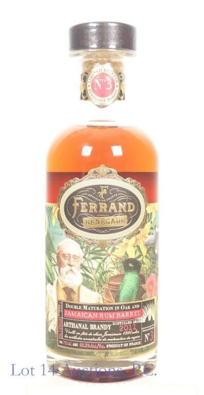 Ferrand Renegade Brandy Ltd. Ed. 2011: *** IF YOU MAY NEED SHIPPING, PLEASE CALL US BEFORE BIDDING ON BOTTLES! 847-625-0555. *** Ferrand Renegade double maturation in oak and Jamaican rum barrel artisanal brandy. Eau-de-vie de Vin 2011, li