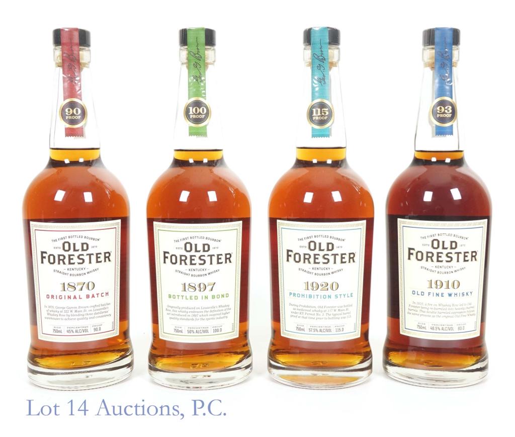 Old Forester Whiskey Row (4): *** IF YOU MAY NEED SHIPPING, PLEASE CALL US BEFORE BIDDING ON BOTTLES! 847-625-0555. *** Four in the Whiskey Row series from Old Forester. Each bottle is 750ml, full and sealed. 1870 Original Batch i