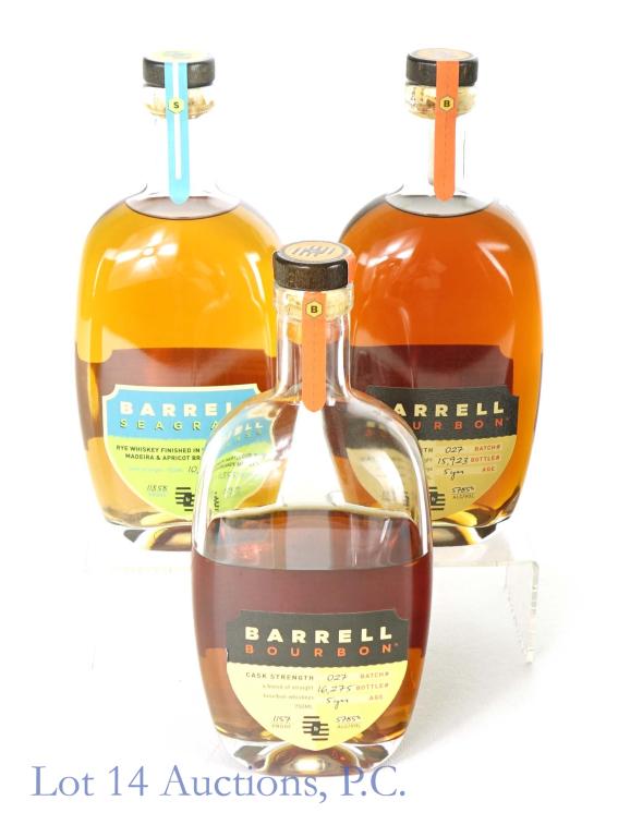 Barrell Bourbon & Seagrass (3 / 1 OPEN): *** IF YOU MAY NEED SHIPPING, PLEASE CALL US BEFORE BIDDING ON BOTTLES! 847-625-0555. *** 3 bottles of Barrell whiskey (2 sealed, 1 open). Includes: 1 bottle of Barrell Bourbon cask strength (5 years)