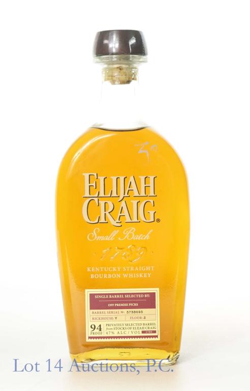 Elijah Craig Small Batch Whiskey (Off Premise): *** IF YOU MAY NEED SHIPPING, PLEASE CALL US BEFORE BIDDING ON BOTTLES! 847-625-0555. *** Elijah Craig small batch Kentucky straight bourbon whiskey, single barrel, Off Premise pick. Barrel #5738695,
