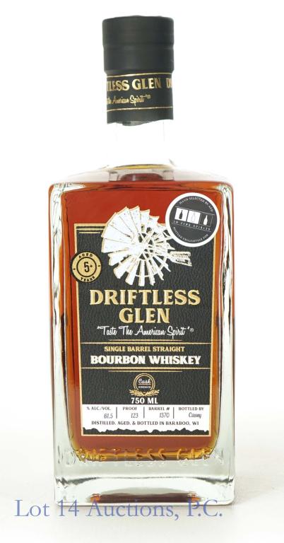 Driftless Glen Single Barrel Bourbon Whiskey: *** IF YOU MAY NEED SHIPPING, PLEASE CALL US BEFORE BIDDING ON BOTTLES! 847-625-0555. *** Selected by In Fine Spirits, barrel #1370, 123 proof, 750 ml., full and sealed. **This lot comes from an Edgew