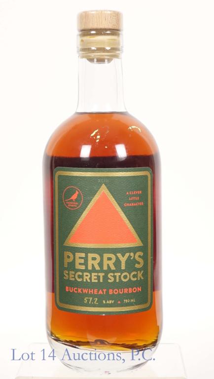 Perry's Secret Stock Buckwheat Bourbon: *** IF YOU MAY NEED SHIPPING, PLEASE CALL US BEFORE BIDDING ON BOTTLES! 847-625-0555. *** 2013, 114.4 proof, 750 ml., full and sealed. **This lot comes from an Edgewater (Chicago neighborhood) liquor 