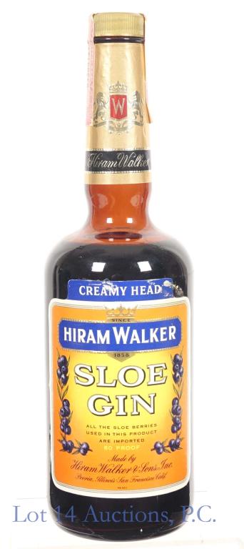 Hiram Walker Creamy Head Sloe Gin: *** IF YOU MAY NEED SHIPPING, PLEASE CALL US BEFORE BIDDING ON BOTTLES! 847-625-0555. *** Tax strip series 112 - 1977-1982?, 60 proof, 3/4 quart, full and sealed. **This lot comes from an Edgewater (C