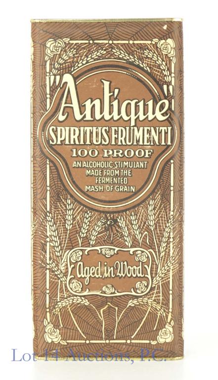 Pre-Pro 1917 Antique Spiritus Frumenti Whiskey Pt.: *** IF YOU MAY NEED SHIPPING, PLEASE CALL US BEFORE BIDDING ON BOTTLES! 847-625-0555. *** 100 proof, 1 pint. "Antique" Spiritus Frumenti. Sealed in tin-top spider web designed carton. Prescription / m