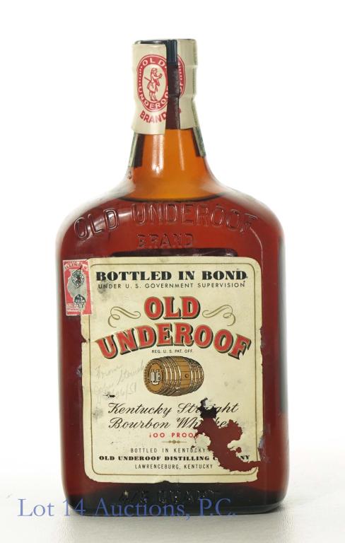 1945 Old Underoof Whiskey BiB: *** IF YOU MAY NEED SHIPPING, PLEASE CALL US BEFORE BIDDING ON BOTTLES! 847-625-0555. *** Old Underoof Kentucky straight bourbon whiskey, bottled in bond. Strip: Fall 1945 / Fall 1950. 100 proof, 4/5