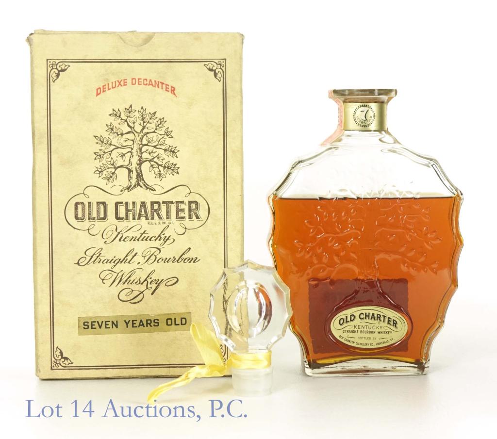 Old Charter 7 Year Bourbon Whiskey Decanter: *** IF YOU MAY NEED SHIPPING, PLEASE CALL US BEFORE BIDDING ON BOTTLES! 847-625-0555. *** Comes in box (dirty) with stopper. Series 111 (N) (1967?). 86 proof, 4/5 quart. Sealed, lower fill (see pictur