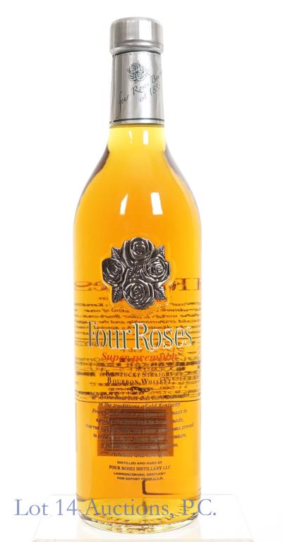 Four Roses Super Premium Bourbon (Japan): *** IF YOU MAY NEED SHIPPING, PLEASE CALL US BEFORE BIDDING ON BOTTLES! 847-625-0555. *** Four Roses Super Premium Kentucky straight bourbon whiskey. Per consigner, 86 proof. 750 ml. Full & sealed. Ma