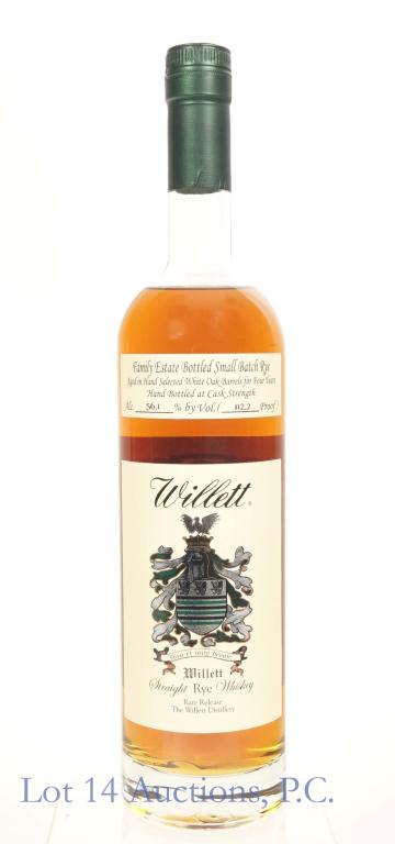 Willett Family Estate Rare Release Rye Whiskey: *** IF YOU MAY NEED SHIPPING, PLEASE CALL US BEFORE BIDDING ON BOTTLES! 847-625-0555. *** Willett family estate bottled small batch straight rye whiskey. Cask strength (112.2 proof). 750 ml. Full & se