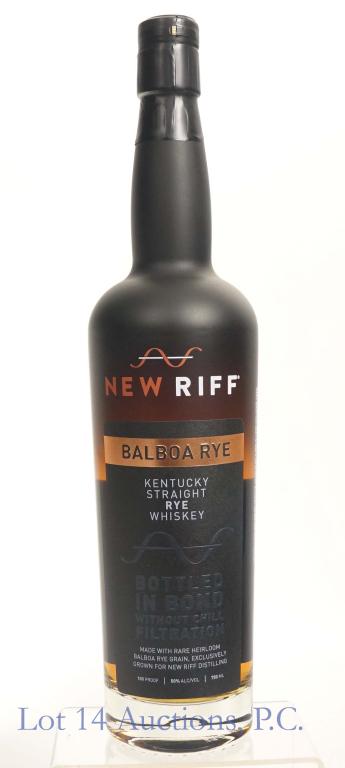 New Riff Balboa Rye Whiskey (Bottle in Bond): *** IF YOU MAY NEED SHIPPING, PLEASE CALL US BEFORE BIDDING ON BOTTLES! 847-625-0555. *** New Riff Kentucky straight balboa rye whiskey. 4 years (at least). 100 proof. 750 ml. Full & sealed. Made with