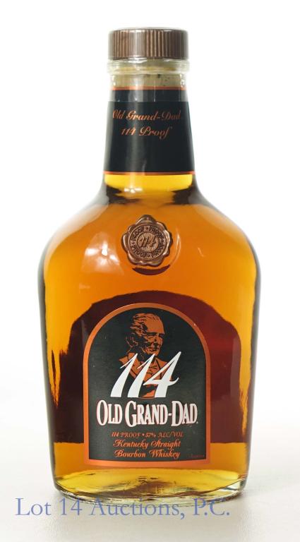 Old Grand-Dad 114 Lot No. 1 Whiskey: *** IF YOU MAY NEED SHIPPING, PLEASE CALL US BEFORE BIDDING ON BOTTLES! 847-625-0555. *** 114 proof, 750 ml., full and sealed.