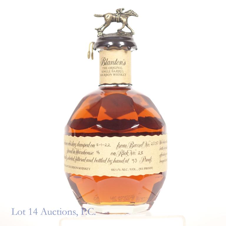 Blanton's Bourbon Whiskey (A Stopper): *** IF YOU MAY NEED SHIPPING, PLEASE CALL US BEFORE BIDDING ON BOTTLES! 847-625-0555. *** Blanton's Kentucky straight bourbon whiskey. 93 proof. 750 ml. Full & sealed. Neck tag present. "A" bottle sto