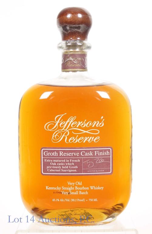 Jefferson's Reserve Groth Res. Cask Fin. Bourbon: *** IF YOU MAY NEED SHIPPING, PLEASE CALL US BEFORE BIDDING ON BOTTLES! 847-625-0555. *** 2016 Jefferson's Reserve: Groth Reserve Cask Finish. Very old Kentucky straight bourbon whiskey very small bat