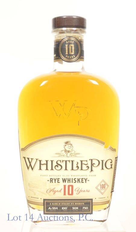 WhistlePig 10 Yr. Rye Whiskey (100 Proof): *** IF YOU MAY NEED SHIPPING, PLEASE CALL US BEFORE BIDDING ON BOTTLES! 847-625-0555. *** WhistlePig rye whiskey. 10 years. 100 proof. 750 ml. Full and sealed. Batch A/354.