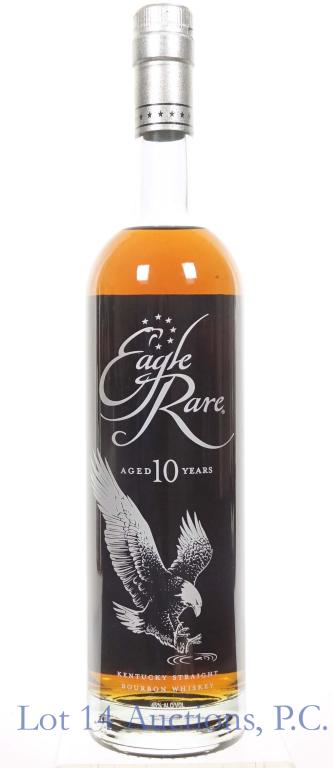 Eagle Rare 10 Year Bourbon: *** IF YOU MAY NEED SHIPPING, PLEASE CALL US BEFORE BIDDING ON BOTTLES! 847-625-0555. *** 90 proof, 750 ml., full and sealed.