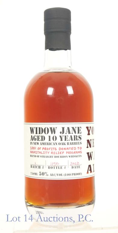 Widow Jane 10 Year Bourbon Whiskey: *** IF YOU MAY NEED SHIPPING, PLEASE CALL US BEFORE BIDDING ON BOTTLES! 847-625-0555. *** Blend of straight bourbon whiskeys. 2020, batch #1, bottle #1150. 100 proof, 750 ml., full and sealed. **This