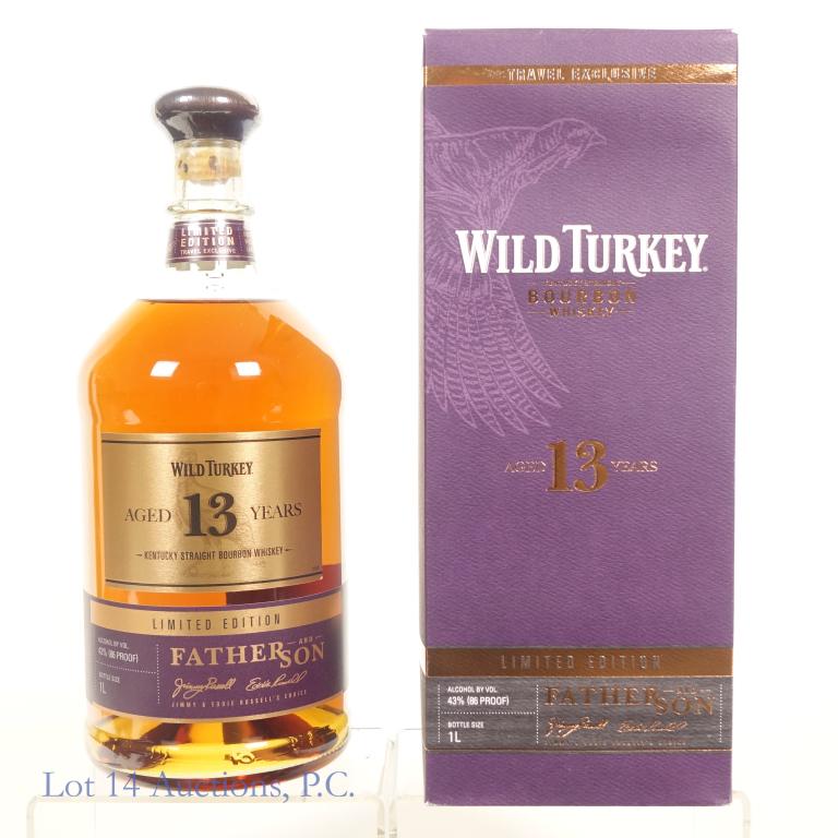 Wild Turkey 13 Year Father & Son Ltd. Edition, 1L: *** IF YOU MAY NEED SHIPPING, PLEASE CALL US BEFORE BIDDING ON BOTTLES! 847-625-0555. *** 86 proof, 1 L, full and sealed, in box. **This lot comes from an Edgewater (Chicago neighborhood) liquor colle