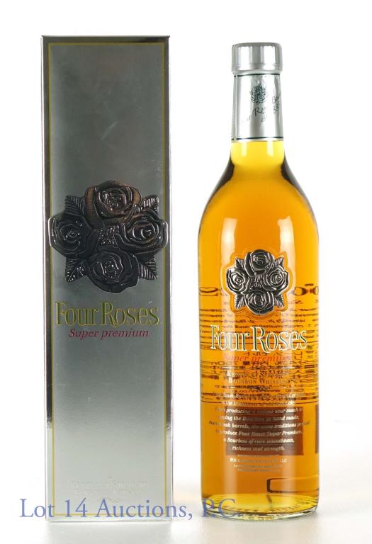 Four Roses Super Premium Bourbon (Japan Release): **IF YOU NEED SHIPPING ON BOTTLES OR DECANTERS PLEASE CALL US BEFORE BIDDING! 847-625-0555!** Four Roses Kentucky straight bourbon whiskey. Super Premium - for markets in Japan only. 86 proof. 750 ml.