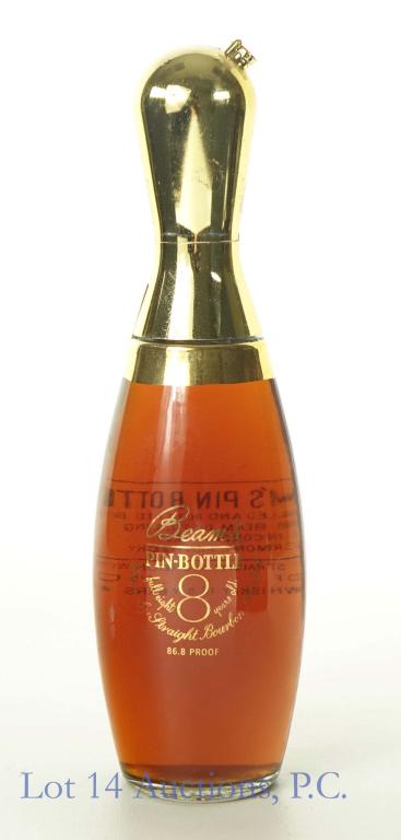 Jim Beam 8 Year Pin Bottle: *** IF YOU MAY NEED SHIPPING, PLEASE CALL US BEFORE BIDDING ON BOTTLES! 847-625-0555. *** Strip series 112. 86.8 proof, 4/5 quart. Full and sealed.