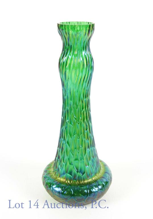 Loetz Style Iridescent Art Glass Vase (Austria): Loetz style art glass vase Per consigner, from Austria. 8" (20.3 cm) tall. Green with iridescence. No sign of chips, cracks, or other damage.