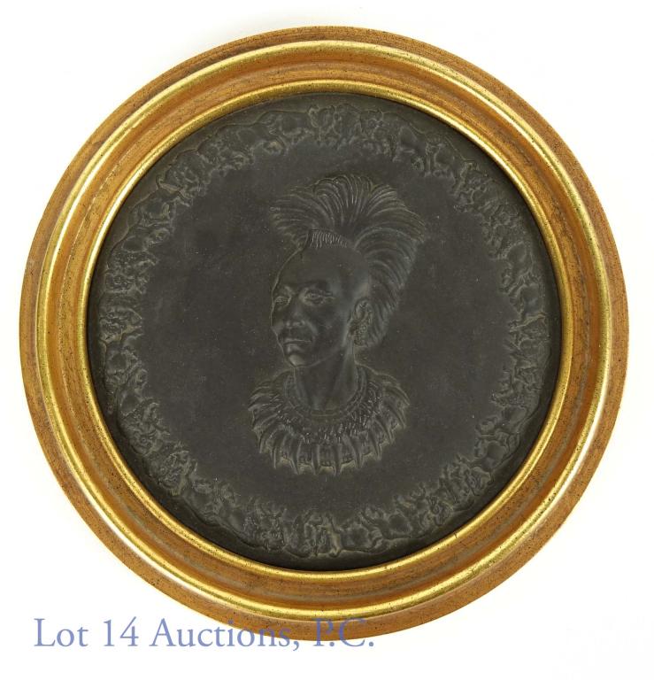1971 Chief Blackhawk Wedgwood Plate: Wedgewood plate depicting Chief Blackhawk (Sauk and Fox Tribe 1767-1838). Produced by Wedgwood exclusively for James & James. Based on a portrait by Charles Banks Wilson (1918-2013). #114 of 500, this