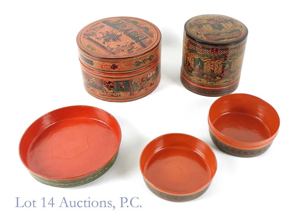 Vintage Red Lacquer Burmese Betel Nut Boxes (2): 2 Vintage Red Lacquer Burmese Betel Nut Boxes. Ornately decorated in great condition, though have some cracks along the edge or the bottom. The exact dates are unknown. Diameters: 5 in & 7 in.