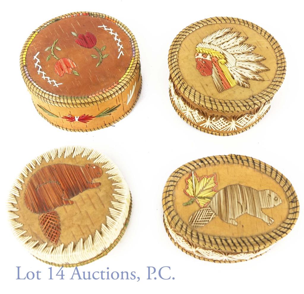 Native American Quill Boxes (4): Native American birch bark and porcupine quill boxes. (3) boxes have black stitching and (1) box has green stitching. They all have different designs and there are no missing stitches. Some of the box