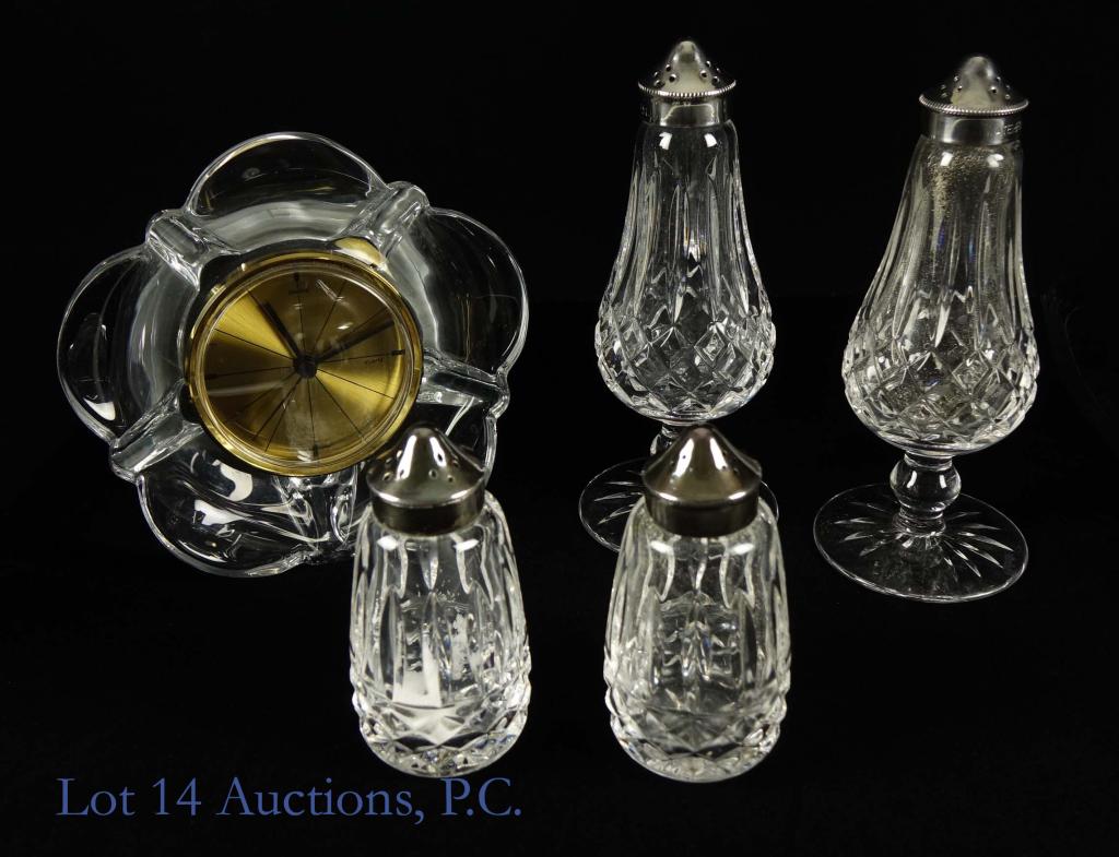 Waterford Crystal Salt & Pepper & Daum Clock: 2 pairs of Waterford crystal salt and pepper shakers. Footed pair is Lismore pattern and is 6.25" tall, with signed bottom and top pieces. Shorter pair is 3.75" tall and has silver plated tops, signed