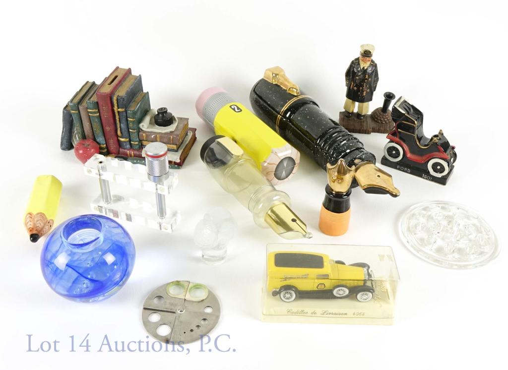 Pencil Holders, Paper Weights & More: Collection of small items all related to pens, pencils, and paper weights. You will get a Waterman Pen diecast panel truck, a pen and pencil salt and pepper shaker set, a pencil shaped pencil case, a 