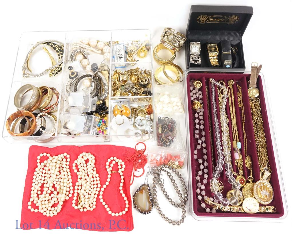 Costume Jewelry 1980s HUGE Lot: Includes necklaces, lockets, bangles, bracelets, earrings, watches (Paul Jardin and St. Martin - not running), two acrylic organizers and more! Most of it is from 1980s.