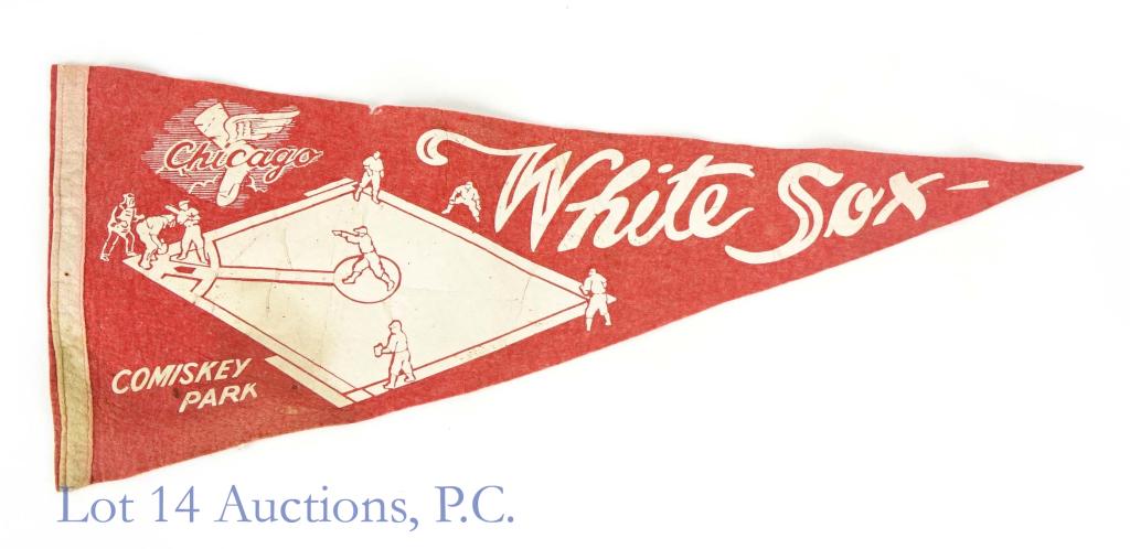 1950s Chicago White Sox Baseball Felt Pennant: Chicago White Sox / Comiskey Park red felt pennant - based on the logo believed to be from the 1950s. There is staining in the lower left, and wrinkling throughout. There is a pinhole in the middle of