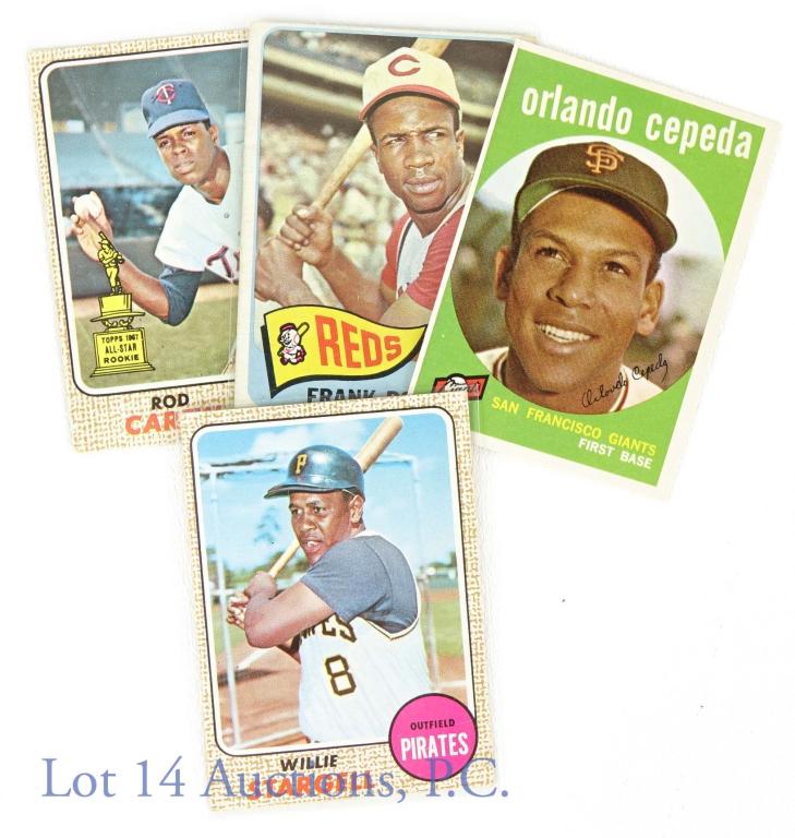 1959-1968 Topps MLB Baseball Cards (HOF) (4): 1959-1968 Topps MLB Baseball Cards (HOF) (4 Total). Includes a 1959 Topps #390 Orlando Cepeda, 1965 Topps #120 Frank Robinson, 1968 Topps #80 Rod Carew (Rookie Card) & a 1968 Topps #86 Willie Stargell