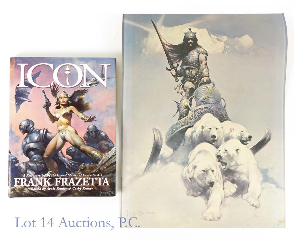 Frank Frazetta Tabletop Book & Poster: 2 Frank Frazetta Items. Includes: First edition tabletop book on his artwork titled "Icon". Great condition with dust jacket. Poster print of "Silver Warrior", probably 1990s, from poster shop (partia