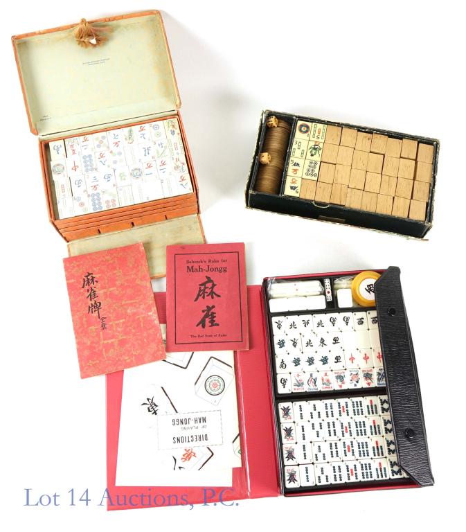 Mahjong Junior Sets (3): Lot of 3 mahjong sets, all in good condition and appear complete. INCLUDES: 1923 Mah-Jongg Junior set, painted wood tiles with original booklet // 1923 Milton Bradley "Ancient Game of China" set, pain